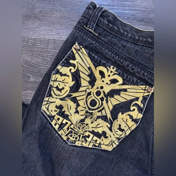 Eight 732 vintage denim embroidered baggy Y2K jeans gold blue oversized fit 36 - Picture 8 of 10